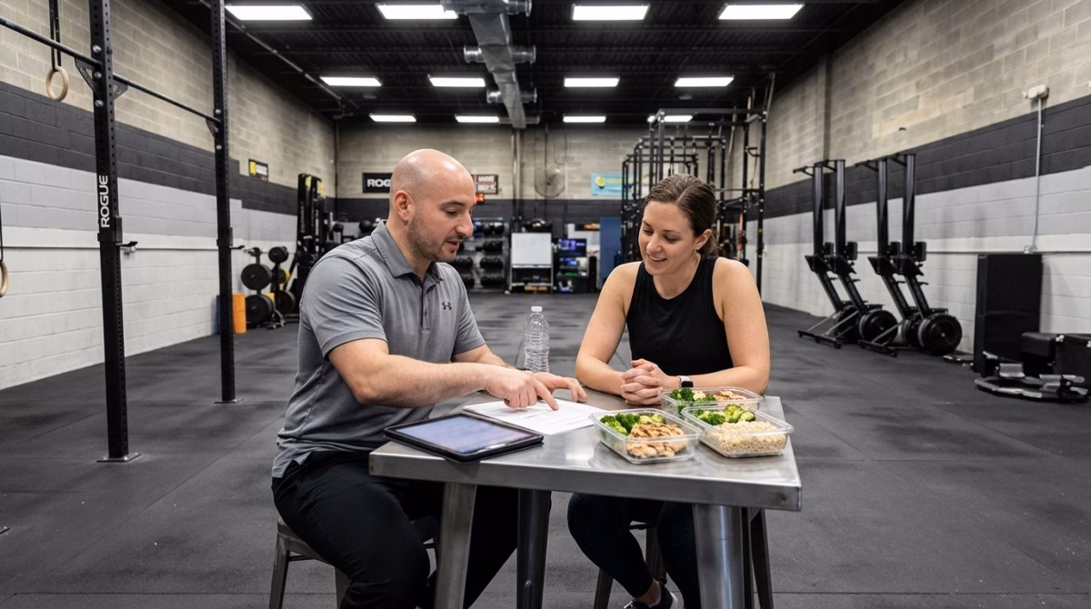 Private nutrition coaching — Paul Roberts reviews a meal plan with a client at Sand & Steel Fitness in Alexandria VA