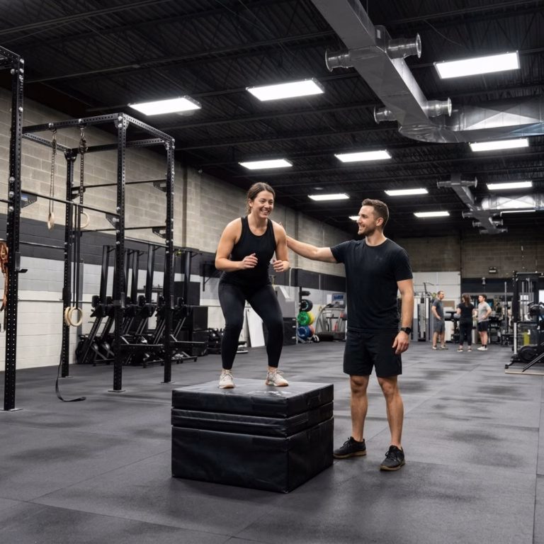 Coach and client celebrate a successful box jump during Jump Start private coaching at Sand & Steel Fitness