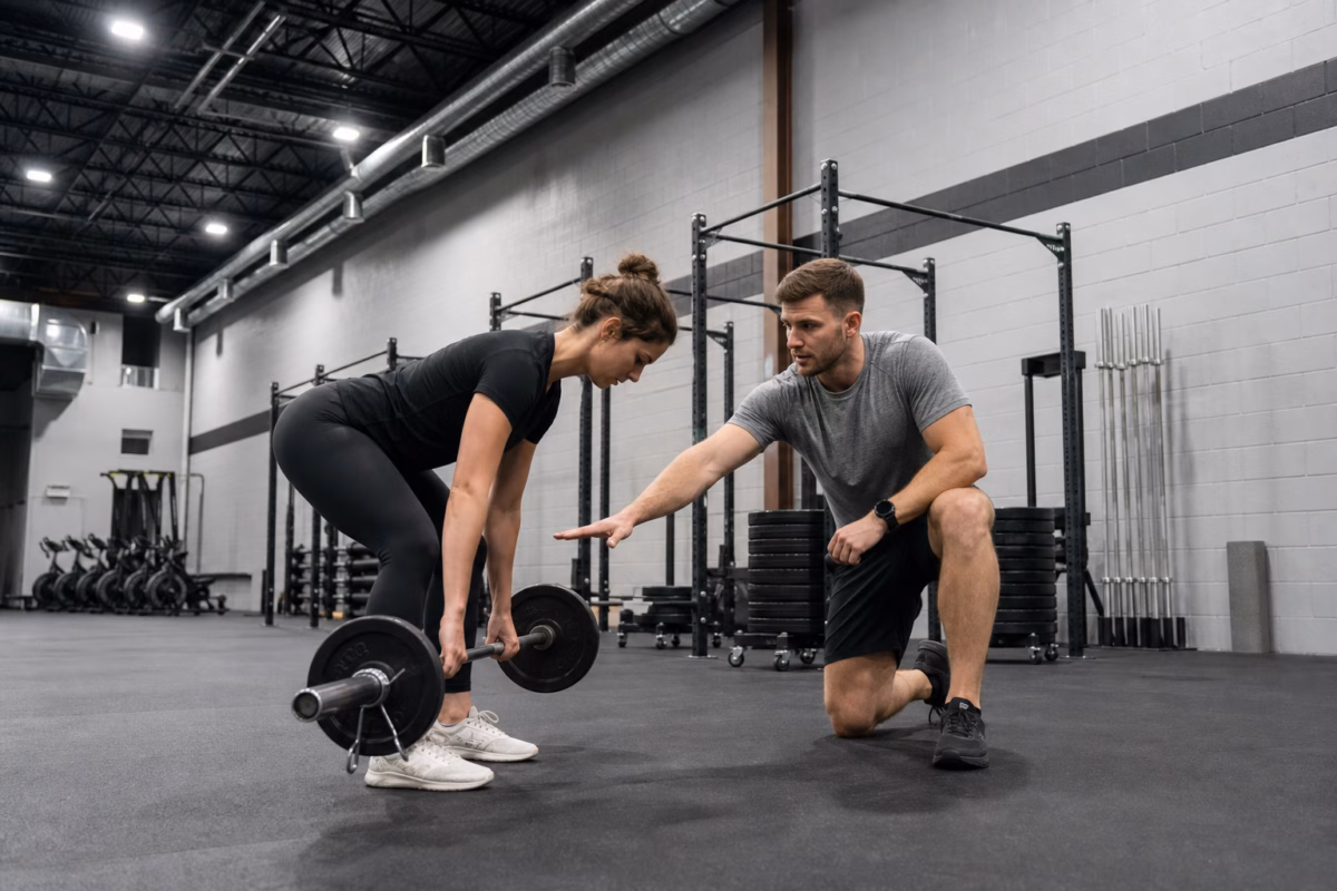 Personal trainer coaching a client through a deadlift at Sand & Steel Fitness in Alexandria VA