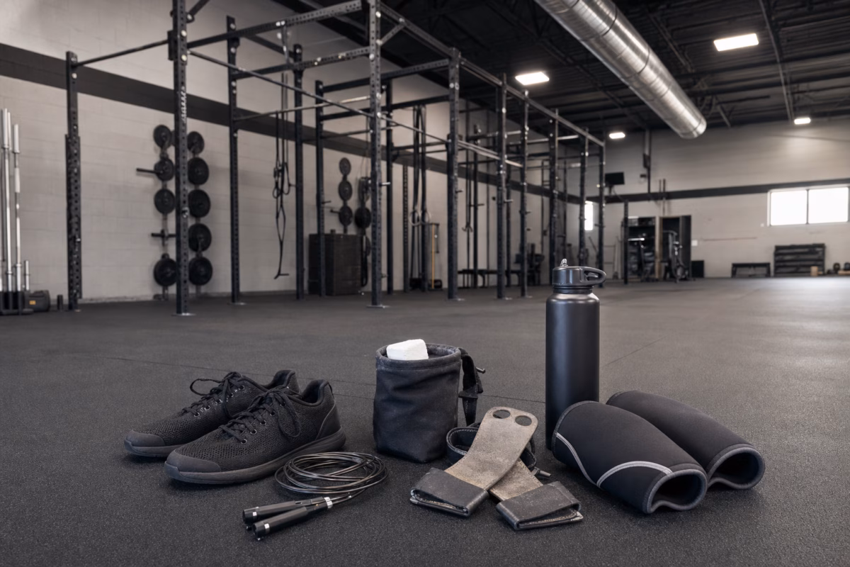 Personal gear for a Fitness Class laid out on the gym floor — training shoes, jump rope, chalk, grips, and knee sleeves